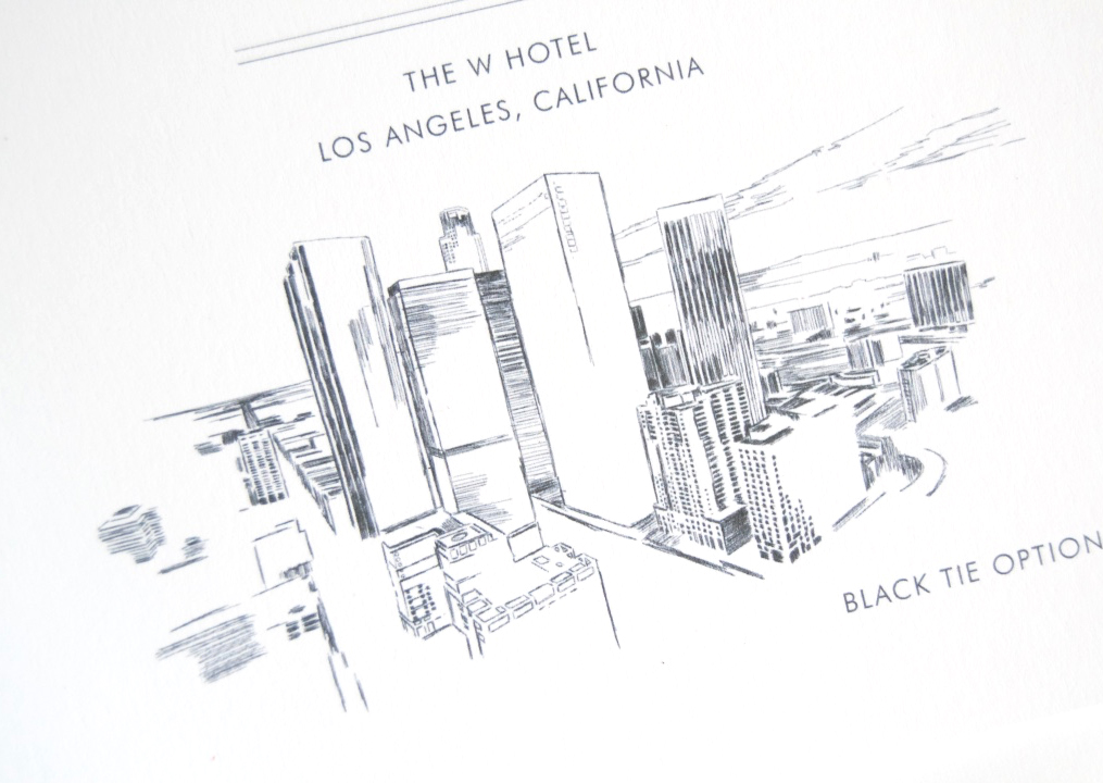 Our in-house artist has captured the beauty of the Los Angeles Skyline in our gorgeous wedding invitations
